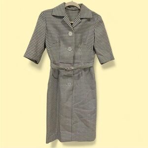 VTG Gray & White Plaid Button Down Sheath Dress w/ Matching Belt. Size Small